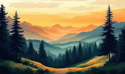 Serene mountain landscape at sunset with layers of distant peaks and tall pine trees framing a winding path through grassy hills