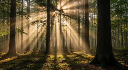 Fototapeta premium Majestic sunrays filter through the dense tree canopy, casting a mystical glow upon the forest floor, highlighting the peaceful beauty and natural wonder of a sunlit woodland