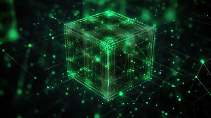 Glowing green wireframe cube surrounded by interconnected particles and lines in a dark digital network environment conveying futuristic technology and data flow