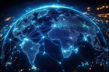 Digital glowing globe showing interconnected continents with illuminated network lines and nodes representing global communication and technology