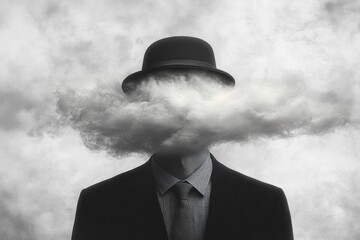 Surreal image of a person dressed in a dark suit and bowler hat with a large cloud covering the face in a grayscale setting conveying mystery and confusion