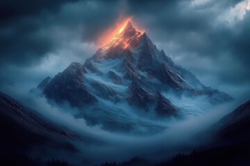 Majestic snow-covered mountain peak glowing with fiery light amidst dark clouds and misty valleys creating a dramatic and mystical atmosphere
