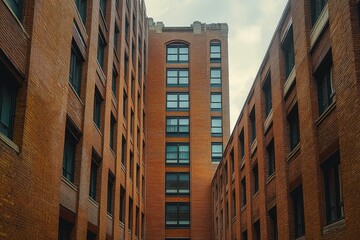 Fototapeta premium Narrow alley formed by tall brick buildings under a cloudy sky with multiple windows reflecting a muted light