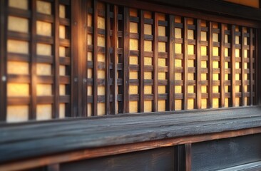 Close-up of traditional wooden lattice window panels with warm sunlight filtering through translucent paper, showcasing detailed craftsmanship and rustic textures