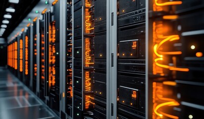 Inside a modern data center with multiple server racks illuminated by orange neon lights creating a high-tech and futuristic atmosphere