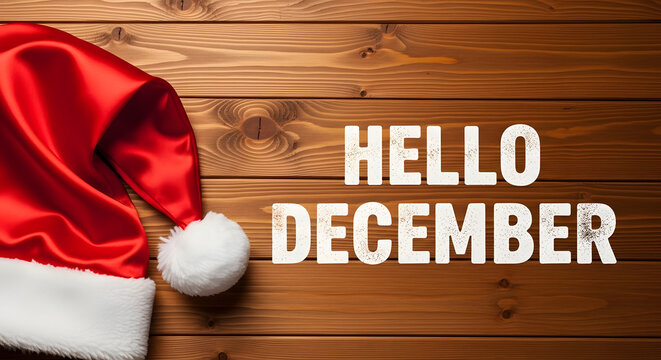Hello December greetings with Santa hat on wood table 