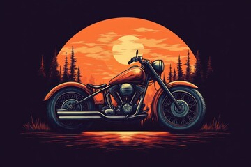 Fototapeta premium Detailed illustration of a classic motorcycle in front of a large orange sunset with silhouetted pine trees and reflective water below, evoking a sense of freedom and adventure