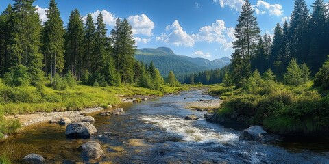 Clear flowing river running through a dense pine forest with distant mountain range under a bright blue sky with fluffy white clouds