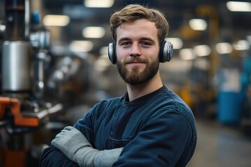Obraz premium Young man with beard wearing protective gloves and headphones smiling confidently in an industrial workshop