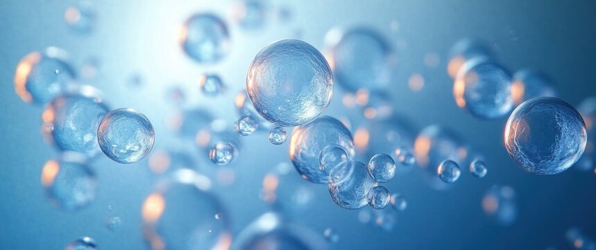 Close-up view of multiple translucent blue bubbles floating in a soft light with gentle reflections and a blurred background, evoking a calm and ethereal atmosphere