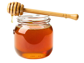 Sweet honey in glass jar with wooden dipper resting on the rim on a transparent background