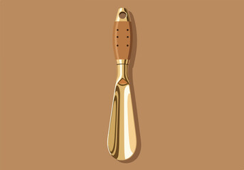 Stylized illustration of a longhandled shoehorn with wood and brass elements