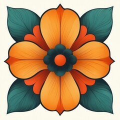 Fototapeta premium Symmetrical floral design with large orange petals and dark teal leaves creating a harmonious and vibrant pattern