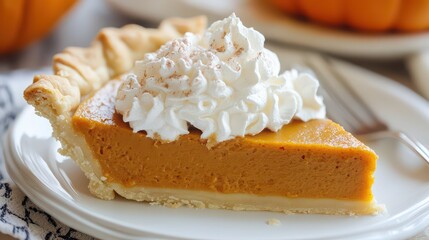 Delicious slice of pumpkin pie topped with whipped cream and cinnamon