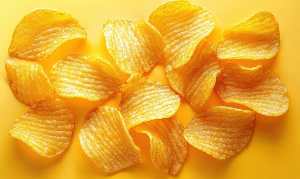 Close-up of several golden ridged potato chips scattered on a bright yellow background evoking a crispy and appetizing snack mood