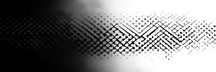 Abstract black and white pattern with geometric maze-like lines and fading grid squares transitioning from dense dark to light background