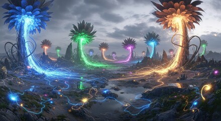 Surreal Landscape with Glowing Trees and Energy Streams.