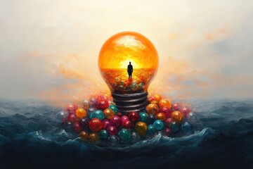 Fototapeta premium Silhouette of a person standing inside an illuminated light bulb surrounded by colorful spheres floating on water under a soft, cloudy sky, evoking hope and introspection