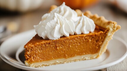 Delicious slice of pumpkin pie with whipped cream on a white plate