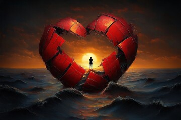 Obraz premium Silhouette of a person standing inside a large broken red heart shape floating over dark ocean waves with a dramatic sunset in the background