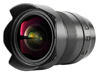 Professional camera lens with hood and optical glass on a transparent background