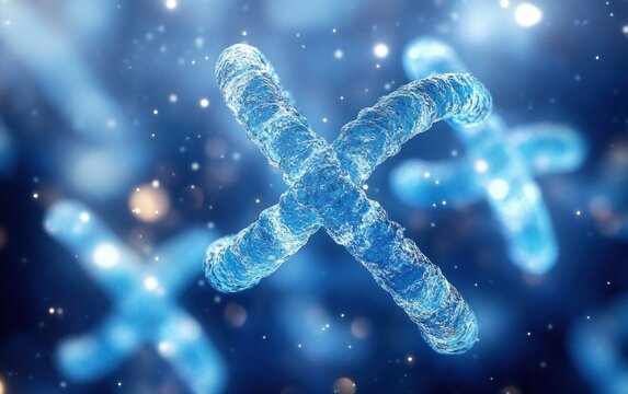 Close-up digital rendering of blue translucent chromosomes floating in a glowing space environment, representing genetics and molecular biology - Powered by Adobe