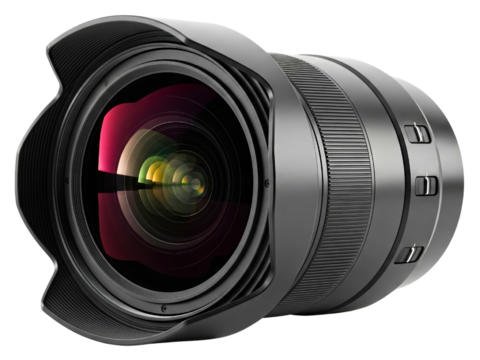 Professional camera lens with hood and optical glass on a transparent background