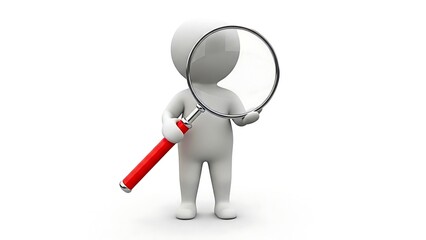 A 3D white figure holding a large magnifying glass with a red handle, symbolizing search and investigation.