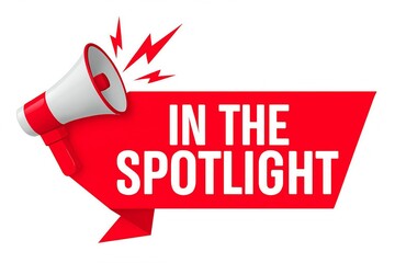 Bright red banner with megaphone announcing in the spotlight with lightning bolts for emphasis