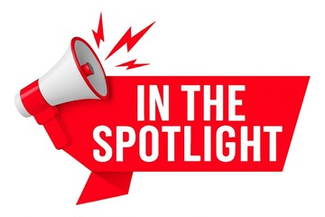 Bright red banner with a megaphone and lightning bolts announcing in the spotlight in white text