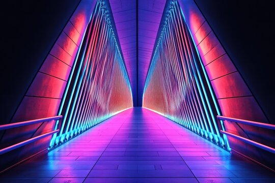 Futuristic illuminated bridge corridor with vibrant neon blue and pink lighting creating a symmetrical tunnel effect and glowing atmosphere
