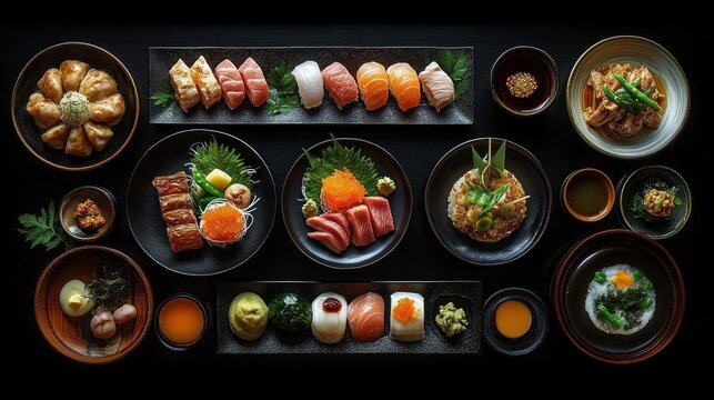 Assorted Japanese sushi and sashimi platter with nigiri, rolls, seafood, sauces, and garnishes presented on black dishes with vibrant colors and elegant arrangement