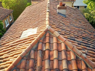 Aging terracotta tiled roof with chimney surrounded by greenery under bright sunlight