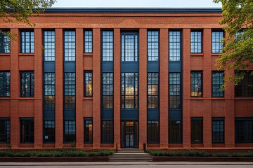 Symmetrical brick building facade with tall rectangular windows and black frames surrounded by green trees under clear sky