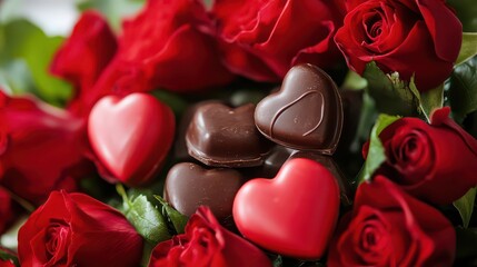 Heartshaped chocolates and red roses, a romantic gift for loved ones