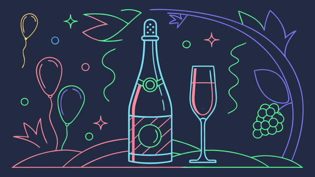 Neon style illustration of a champagne bottle and glass with balloons and grapes decoration party scene