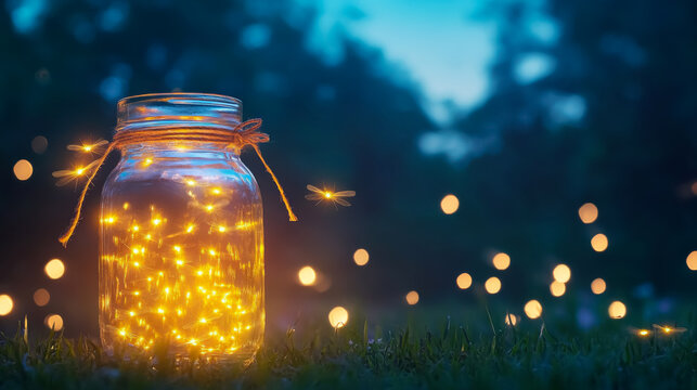 Enchanting fireflies illuminating glass jar in serene evening scene