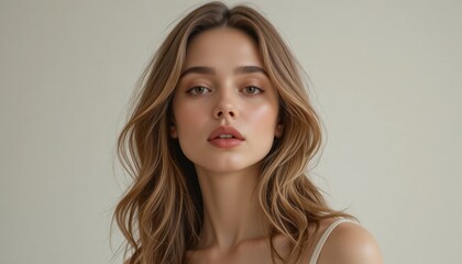 Naklejka premium A close-up portrait of a woman with wavy hair, natural makeup, and a neutral background, conveying a sense of beauty and confidence.