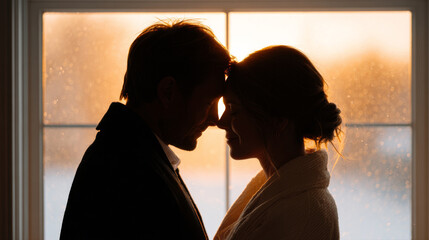Romantic silhouette of couple embracing in backlit sunset scene for love concept