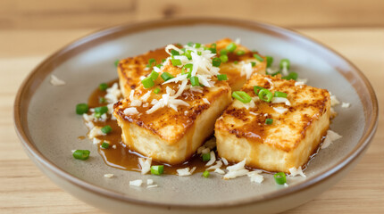 Gourmet Pan Seared Cubes in Savory Sauce Garnished and Served vegan food