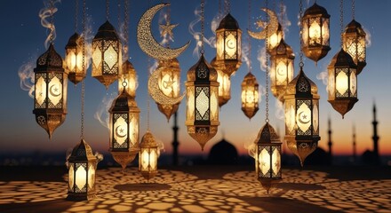 A collection of hanging lanterns with crescent moons and stars against a twilight sky.