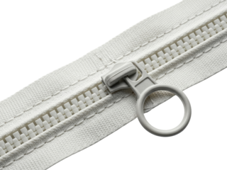 White plastic zipper fastener closed with round pull tab slider on a transparent background
