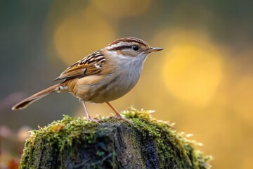 small brown and white bird perched on moss-covered tree stump with blurred warm yellow and green background