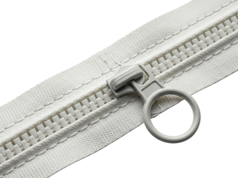 White plastic zipper fastener closed with round pull tab slider on a transparent background