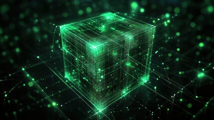 Glowing green digital wireframe cube surrounded by a network of connected light points representing futuristic technology and data flow