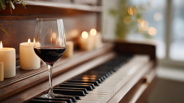 Elegant atmosphere of grand piano keys and candlelight for a cozy musical evening