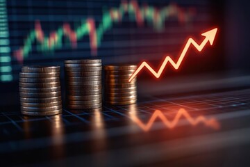 Stacks of coins with growing height next to a glowing red upward trending arrow on a financial graph background symbolizing economic growth and increasing profits