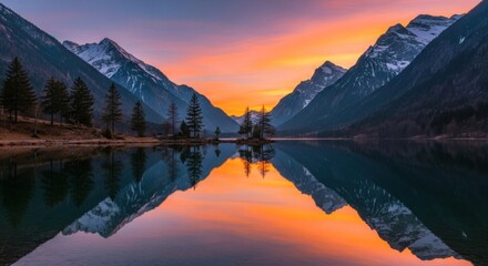 A stunning sunset over a mountain lake with a small island and a lone tree.