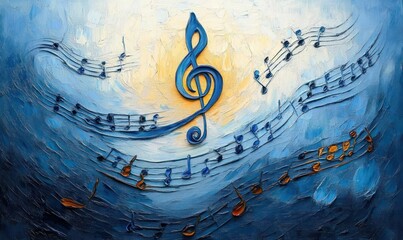 Abstract textured painting of colorful musical notes and a large treble clef floating over a vibrant, swirling blue and yellow background evoking a sense of movement and harmony