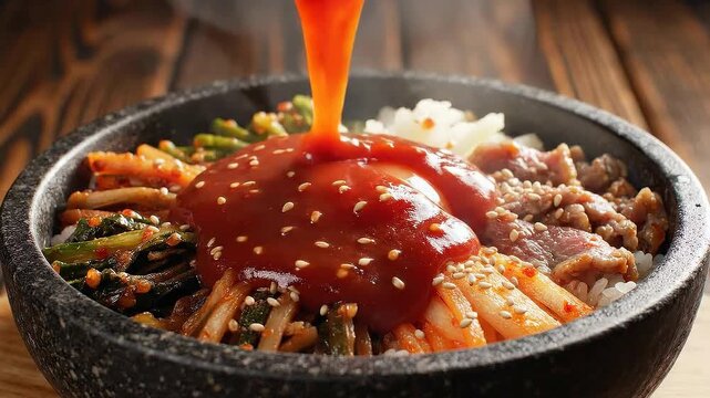 Authentic Dolsot Bibimbap preparation with spicy sauce pouring